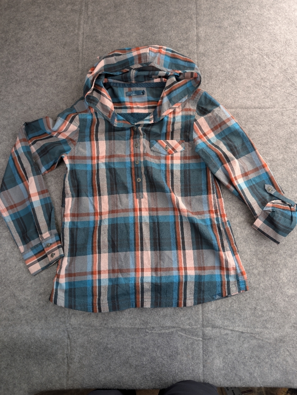 Prana Women's Plaid Hooded Button-Down Shirt - Teal, Coral & Gray Pretty Preppy